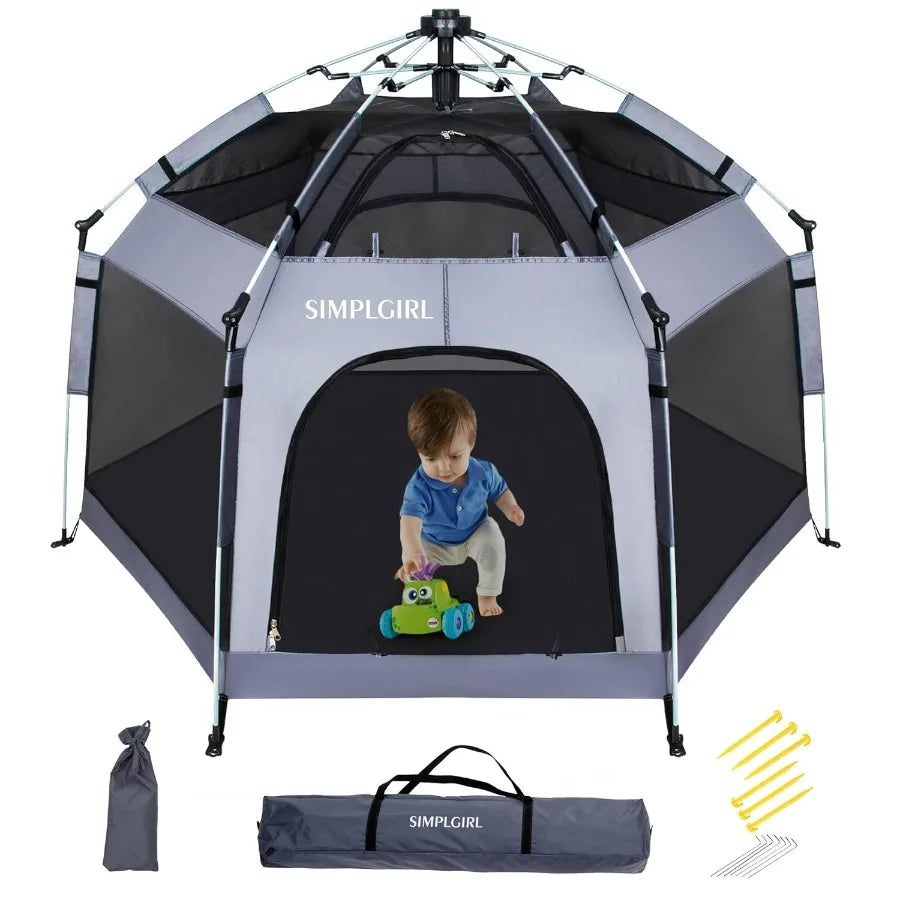 Portable Lightwght Pop Up Playpen for Indoor and Outdoor Use with Canopy and Travel Bag - Grey