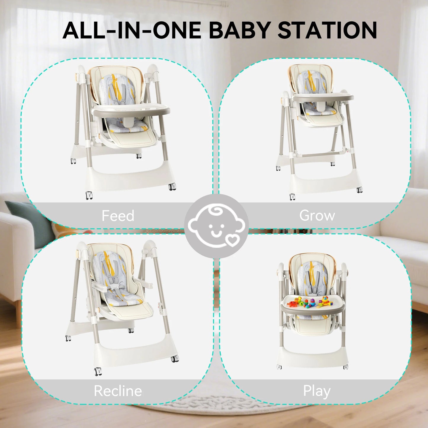 6-in-1 Baby High Chair Baby Swing Combo Convertible Highchair for Infants Toddlers With 6 Heights 4 Recline Foldable With Wheels