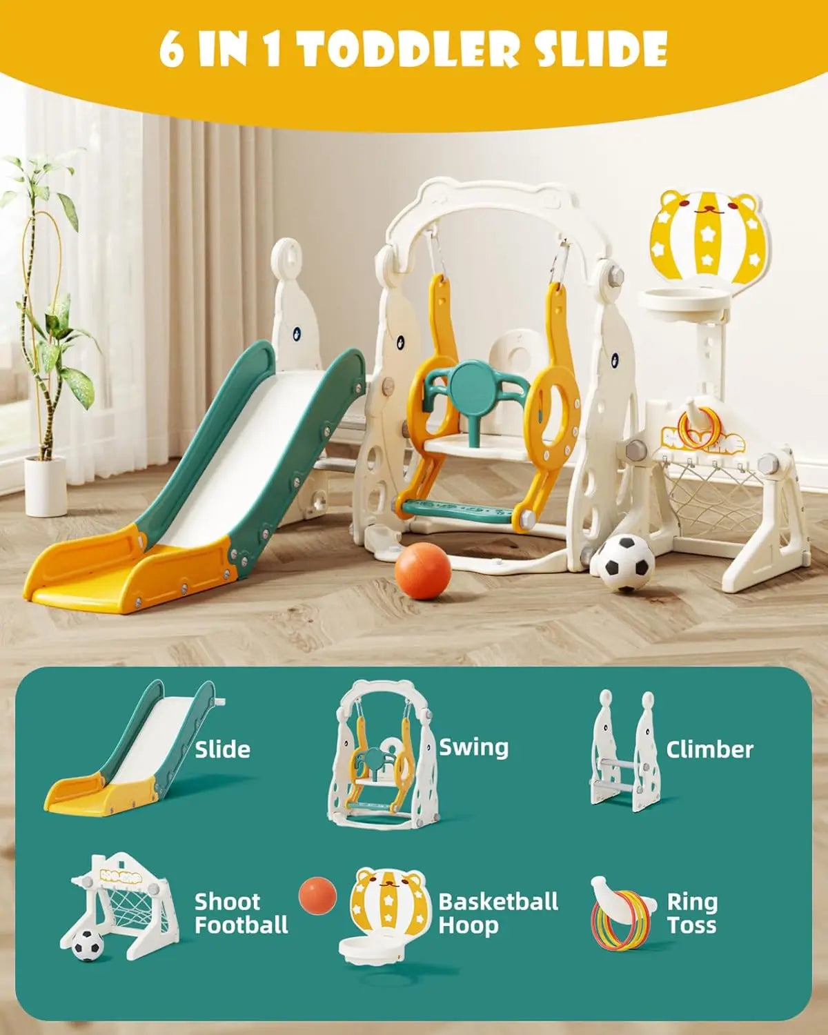 6 in 1 Toddler Slide and Swing Set Outdoor Playset Kids Slide for Toddlers 1-3 Indoor Playground Baby Climber Toys